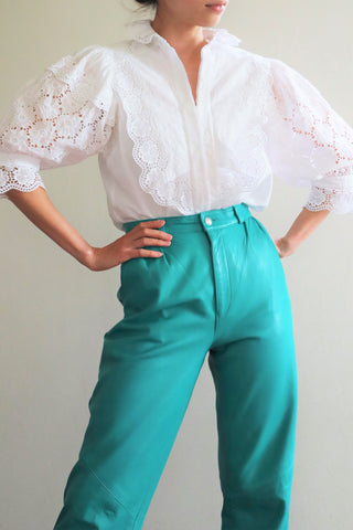 80s West German Puff Sleeve White Cotton Blouse