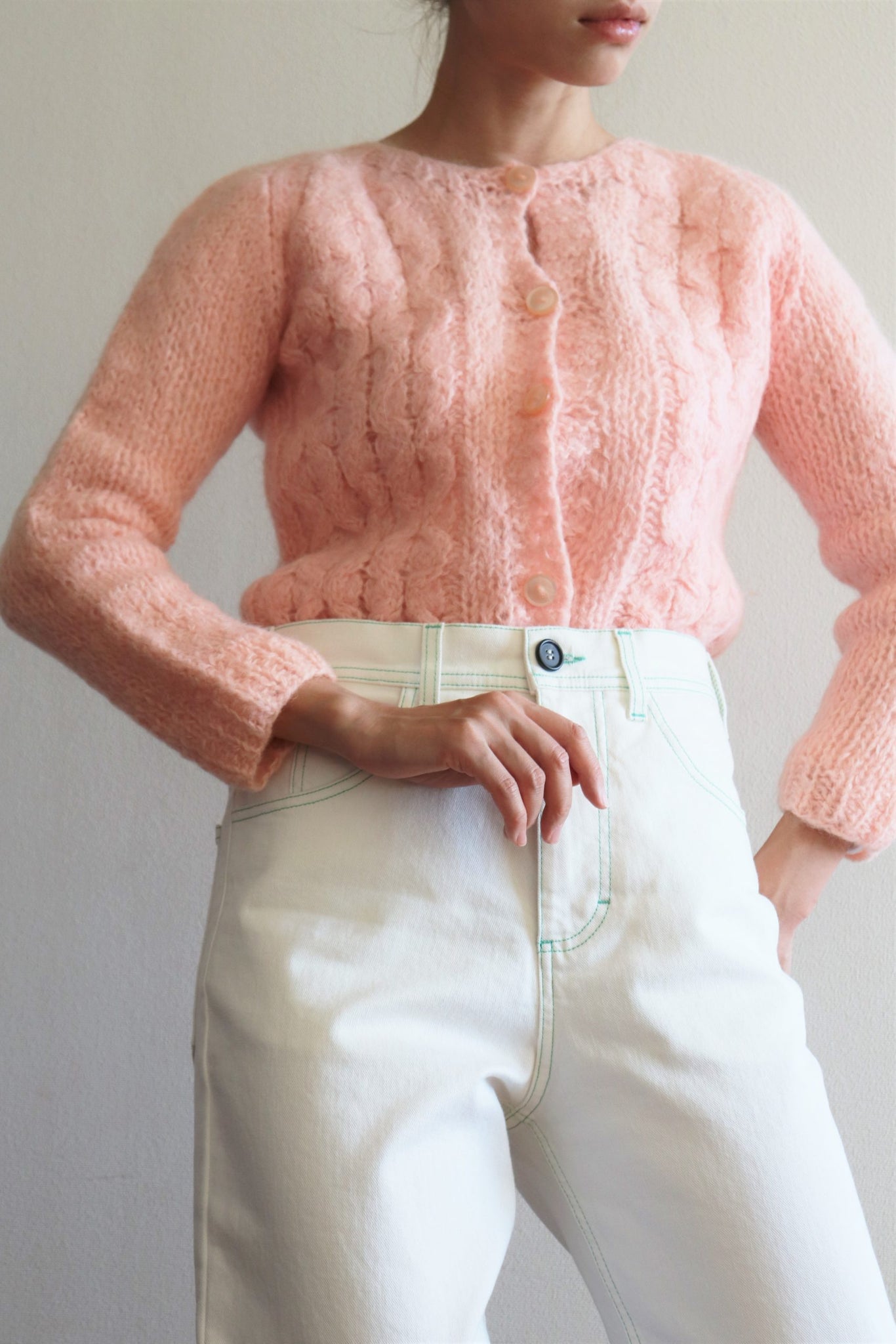 60s Hand Knit Wool Cardigan Pink
