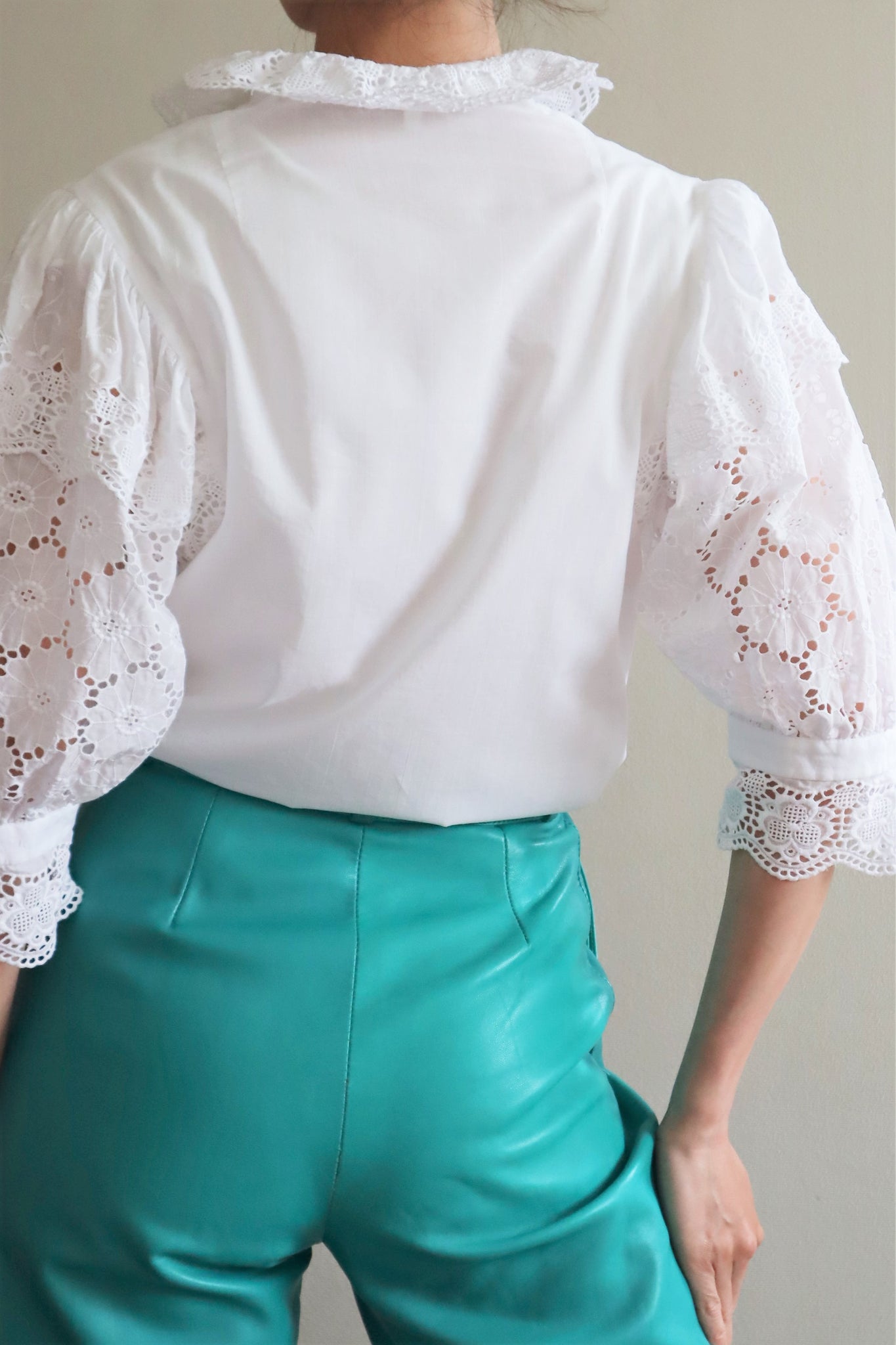 80s West German Puff Sleeve White Cotton Blouse