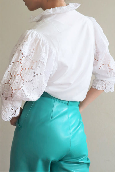 80s West German Puff Sleeve White Cotton Blouse