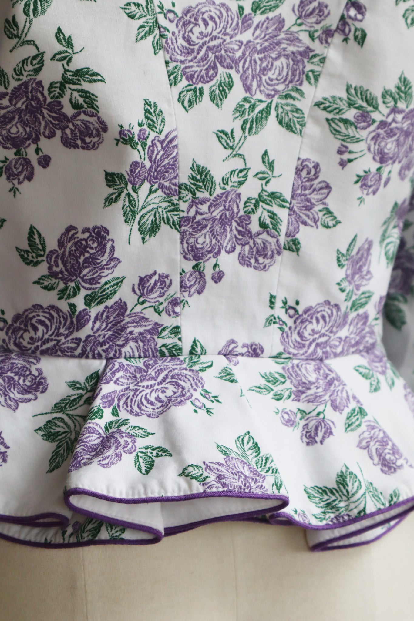 80s Purple Floral Puff Sleeve Cotton Blouse