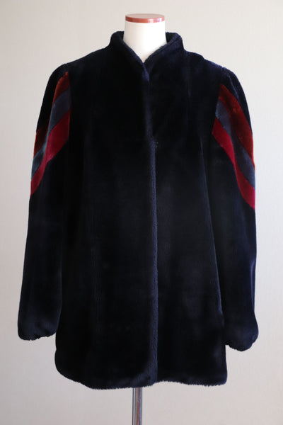 80s Faux Fur Coat BLACK With Stripes On The Sleeves