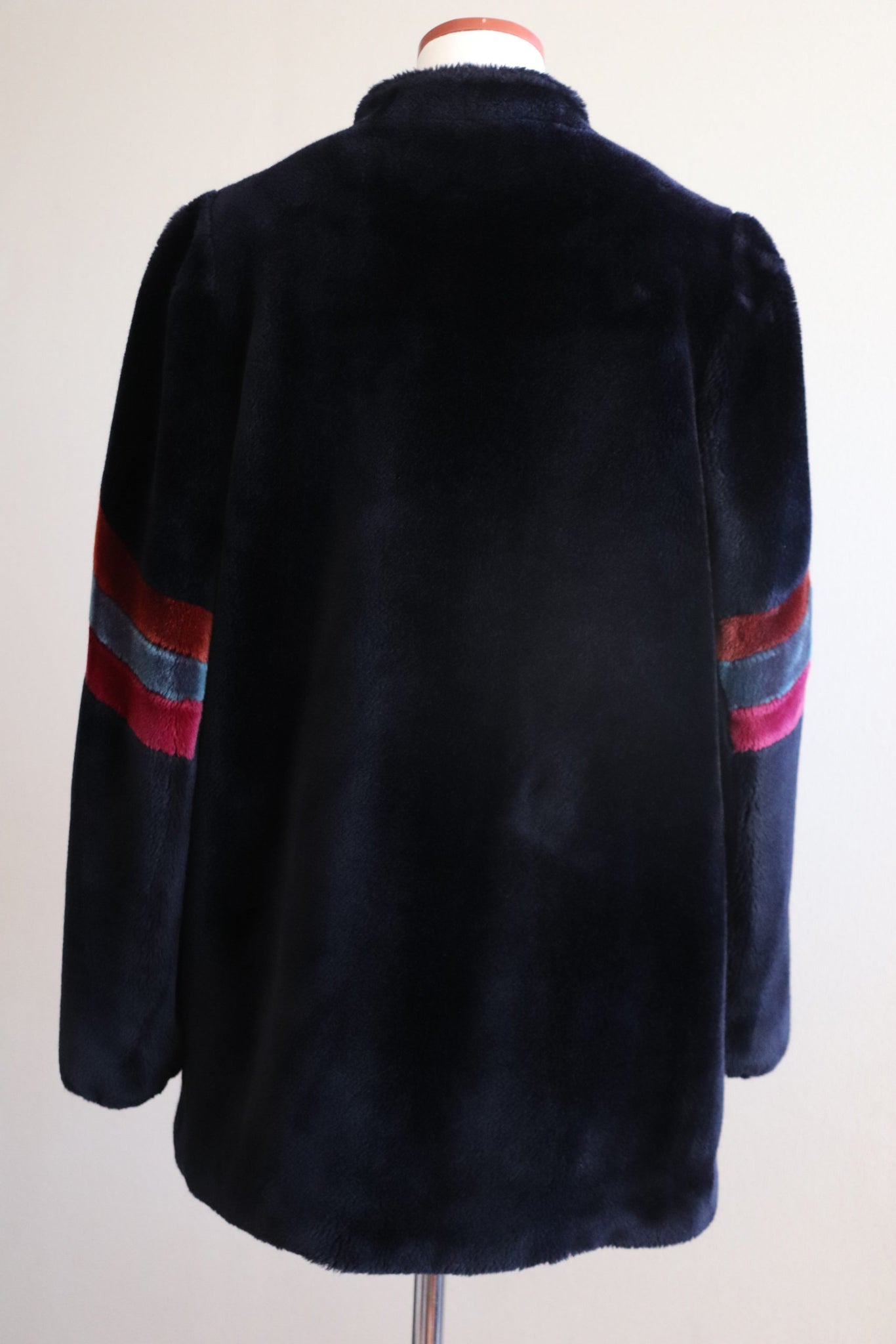 80s Faux Fur Coat BLACK With Stripes On The Sleeves