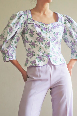 80s Purple Floral Puff Sleeve Cotton Blouse