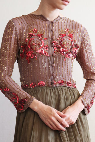 1940s Red Gold Beaded Sequined Bolero Jacket