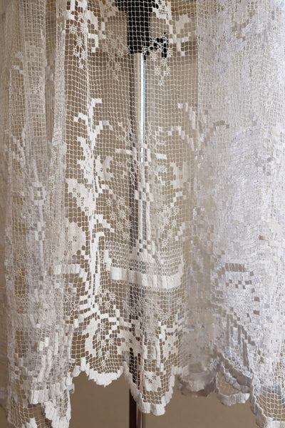 1900s Linen Gauze Church Smock Long Dress  Filet Netted Lace Flower Embroidery