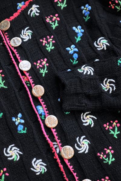 70s Hand Knit Black Flower Garden Austrian Cardigan