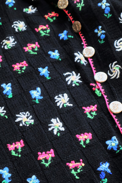 70s Hand Knit Black Flower Garden Austrian Cardigan