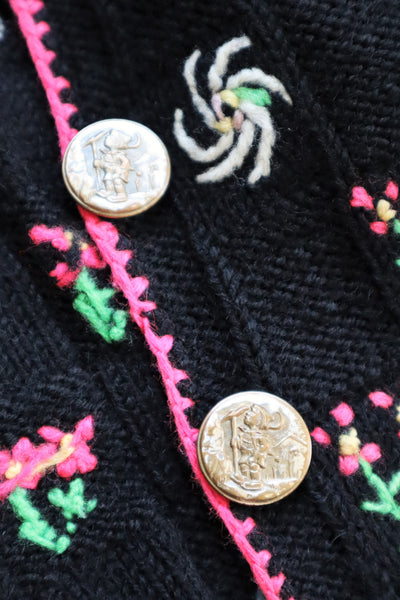 70s Hand Knit Black Flower Garden Austrian Cardigan