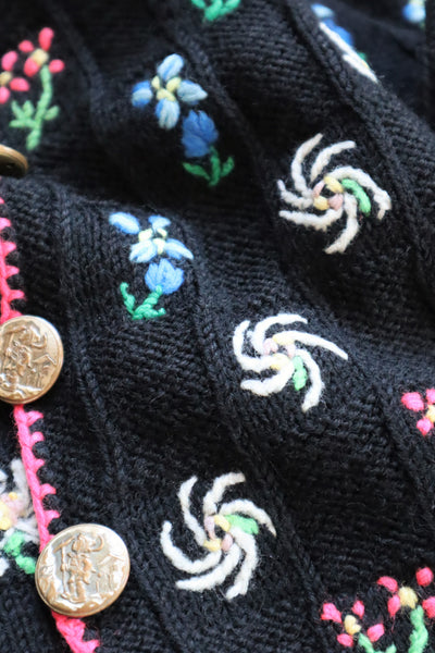 70s Hand Knit Black Flower Garden Austrian Cardigan