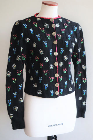 70s Hand Knit Black Flower Garden Austrian Cardigan