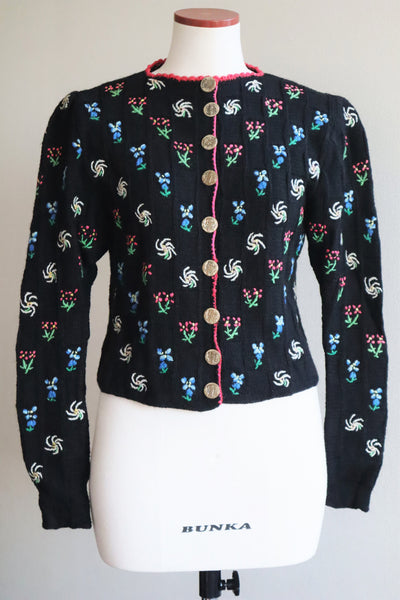 70s Hand Knit Black Flower Garden Austrian Cardigan