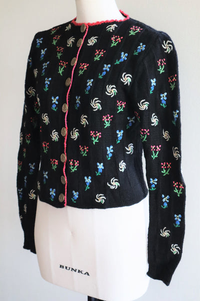 70s Hand Knit Black Flower Garden Austrian Cardigan