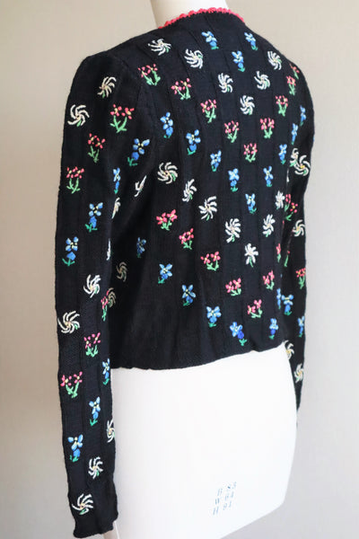 70s Hand Knit Black Flower Garden Austrian Cardigan