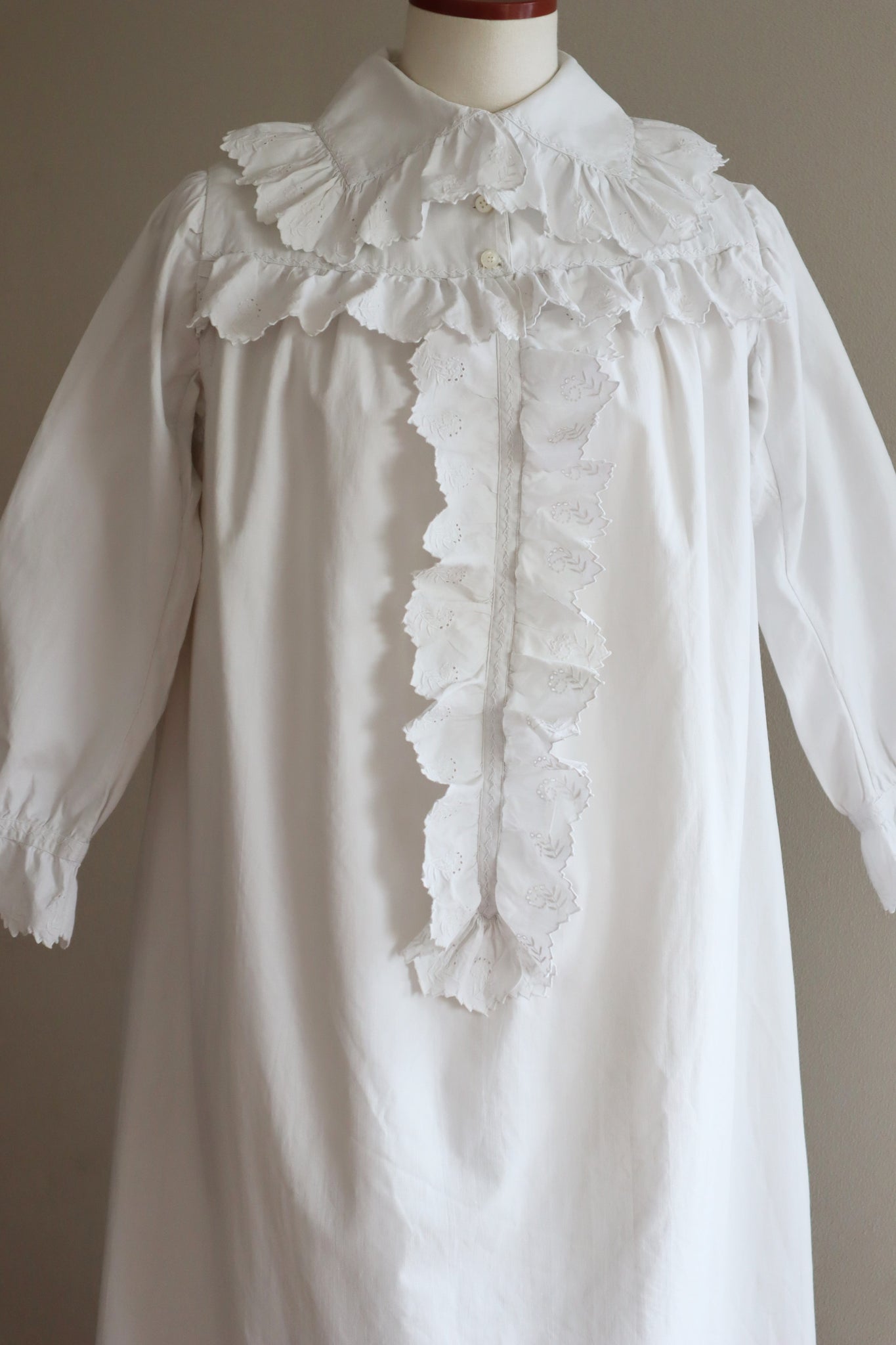 1900s Frill Design Antique White Cotton Long Dress