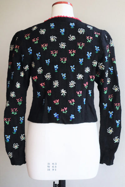 70s Hand Knit Black Flower Garden Austrian Cardigan