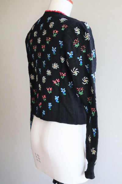 70s Hand Knit Black Flower Garden Austrian Cardigan