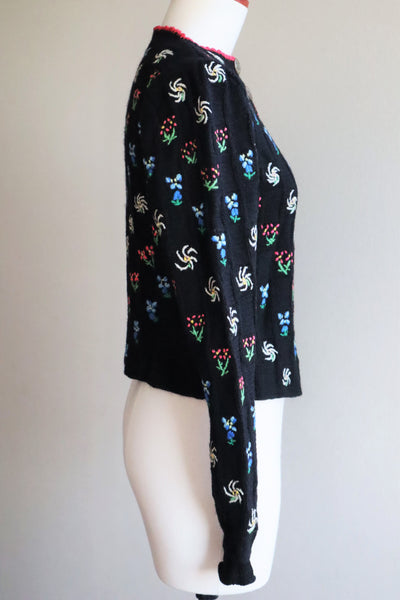 70s Hand Knit Black Flower Garden Austrian Cardigan