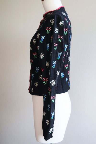 70s Hand Knit Black Flower Garden Austrian Cardigan