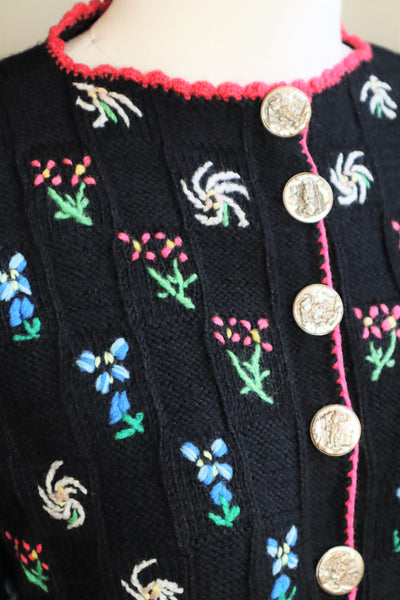 70s Hand Knit Black Flower Garden Austrian Cardigan