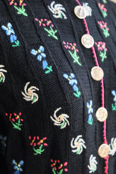 70s Hand Knit Black Flower Garden Austrian Cardigan