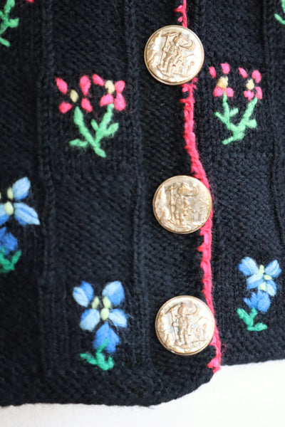 70s Hand Knit Black Flower Garden Austrian Cardigan