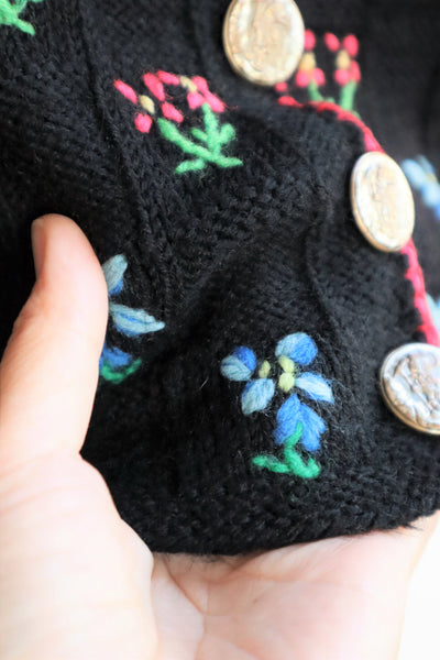 70s Hand Knit Black Flower Garden Austrian Cardigan