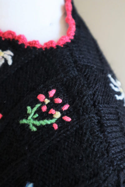 70s Hand Knit Black Flower Garden Austrian Cardigan