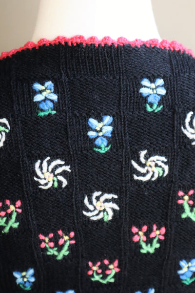 70s Hand Knit Black Flower Garden Austrian Cardigan