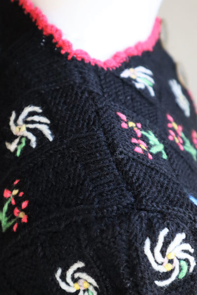 70s Hand Knit Black Flower Garden Austrian Cardigan