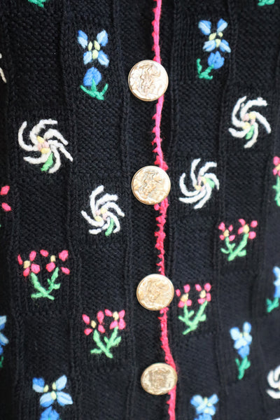 70s Hand Knit Black Flower Garden Austrian Cardigan