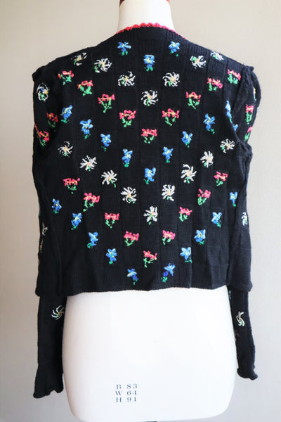 70s Hand Knit Black Flower Garden Austrian Cardigan