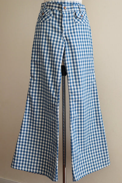 70s Gingham Plaid Cotton Bell Bottom Pants