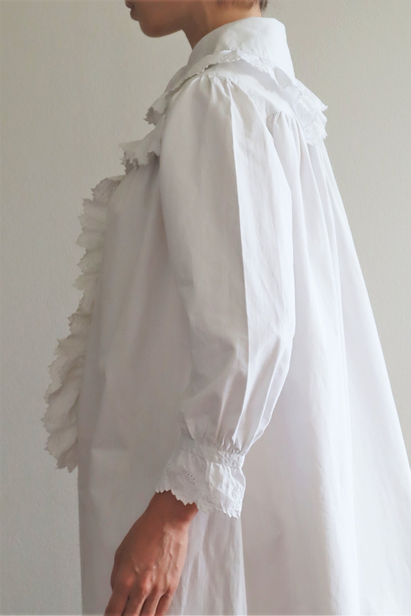 1900s Frill Design Antique White Cotton Long Dress