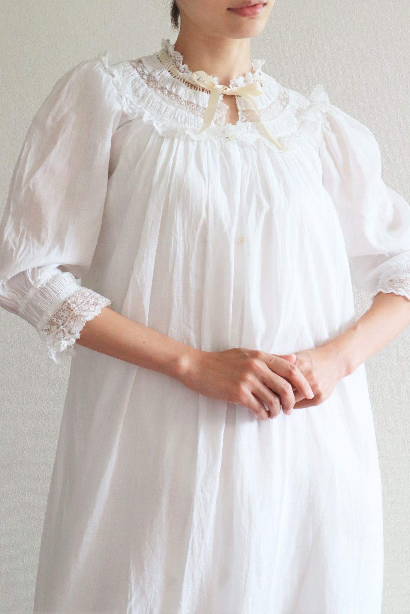 1900s Puff Sleeve Lawn Cotton Long Dress