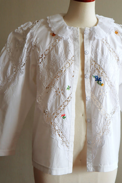 80s Embroidered Leg Of Mutton Puffy Sleeves Blouse