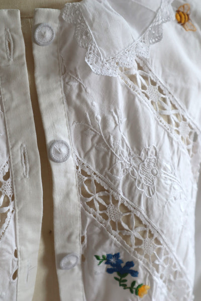 80s Embroidered Leg Of Mutton Puffy Sleeves Blouse