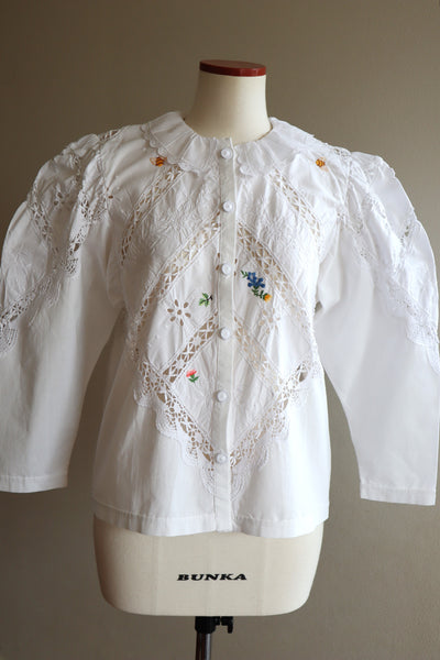 80s Embroidered Leg Of Mutton Puffy Sleeves Blouse
