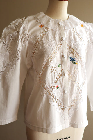 80s Embroidered Leg Of Mutton Puffy Sleeves Blouse