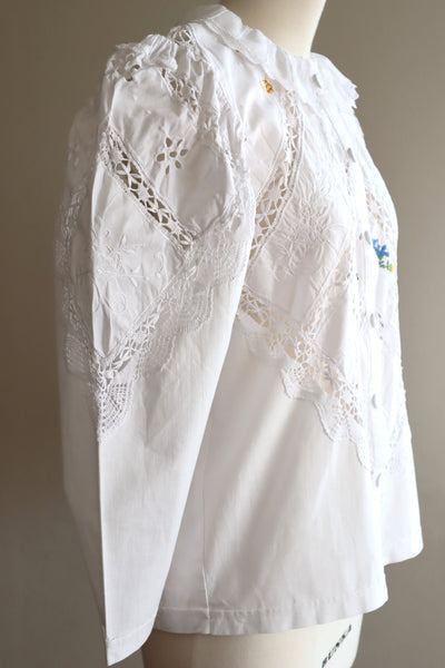 80s Embroidered Leg Of Mutton Puffy Sleeves Blouse