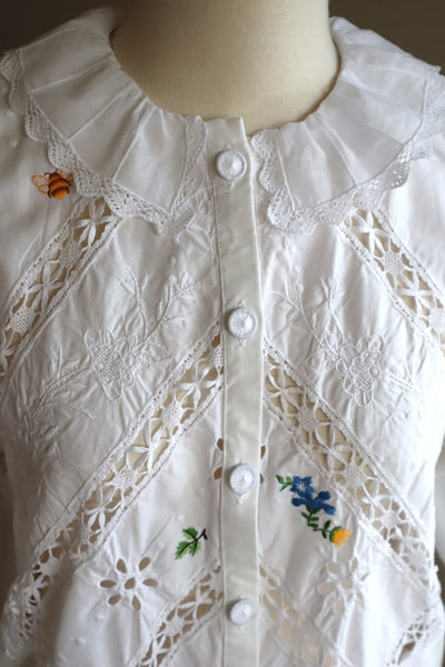 80s Embroidered Leg Of Mutton Puffy Sleeves Blouse