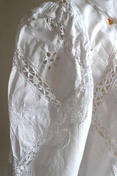 80s Embroidered Leg Of Mutton Puffy Sleeves Blouse