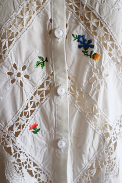 80s Embroidered Leg Of Mutton Puffy Sleeves Blouse