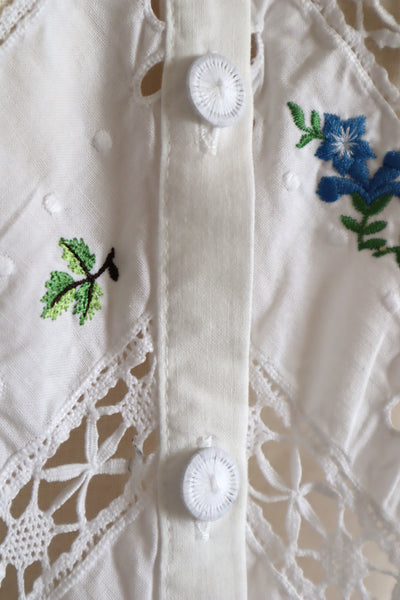 80s Embroidered Leg Of Mutton Puffy Sleeves Blouse