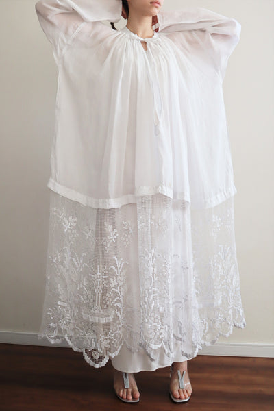 1900s Linen Gauze Church Smock Long Dress  Filet Netted Lace Flower Embroidery