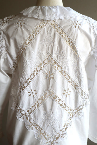 80s Embroidered Leg Of Mutton Puffy Sleeves Blouse