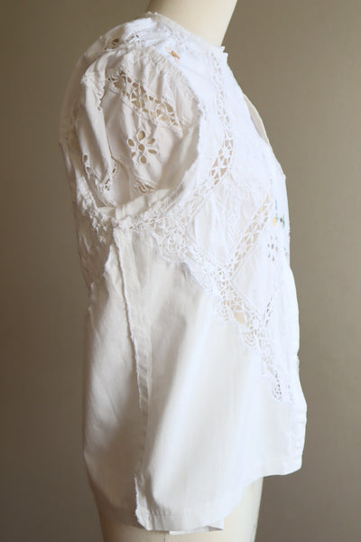 80s Embroidered Leg Of Mutton Puffy Sleeves Blouse