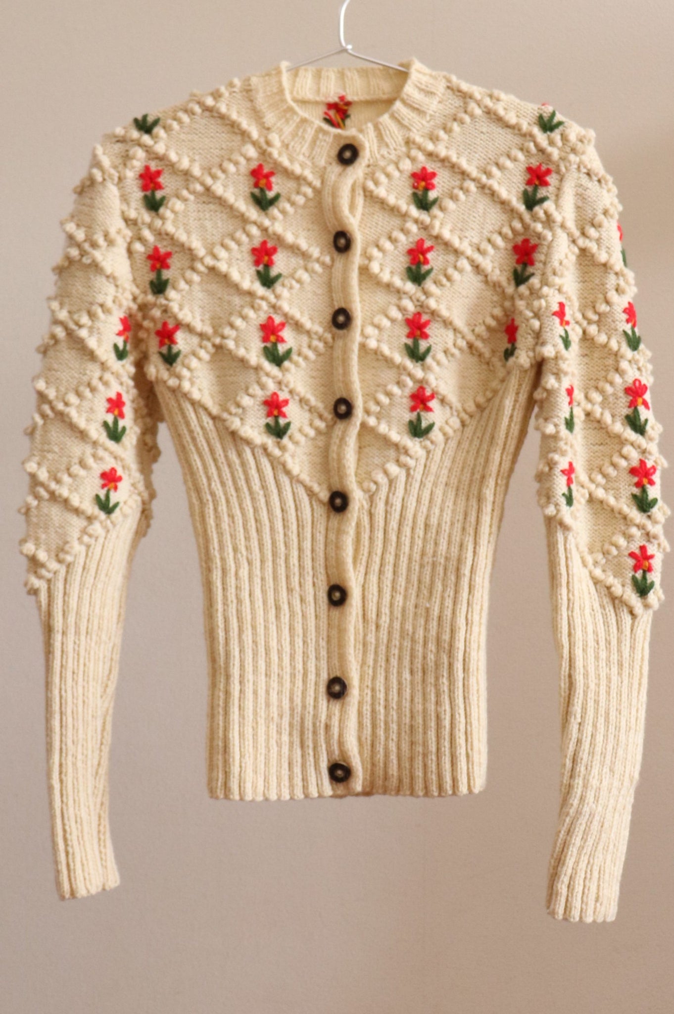 Austrian Hand knit Cardigan Embroidered Flowers Beige XS~S