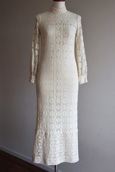 70s Vintage Cream Lace Maxi Dress