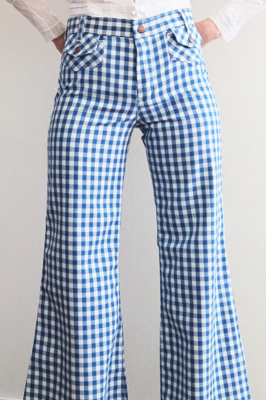 70s Gingham Plaid Cotton Bell Bottom Pants